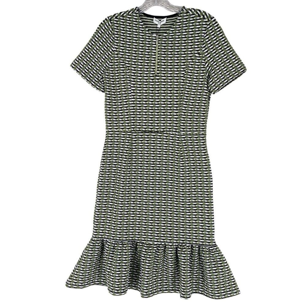 Opening Ceremony Ruffle Hem Dress Bodycon Large Olive Multi Striped Zip Neck NWT